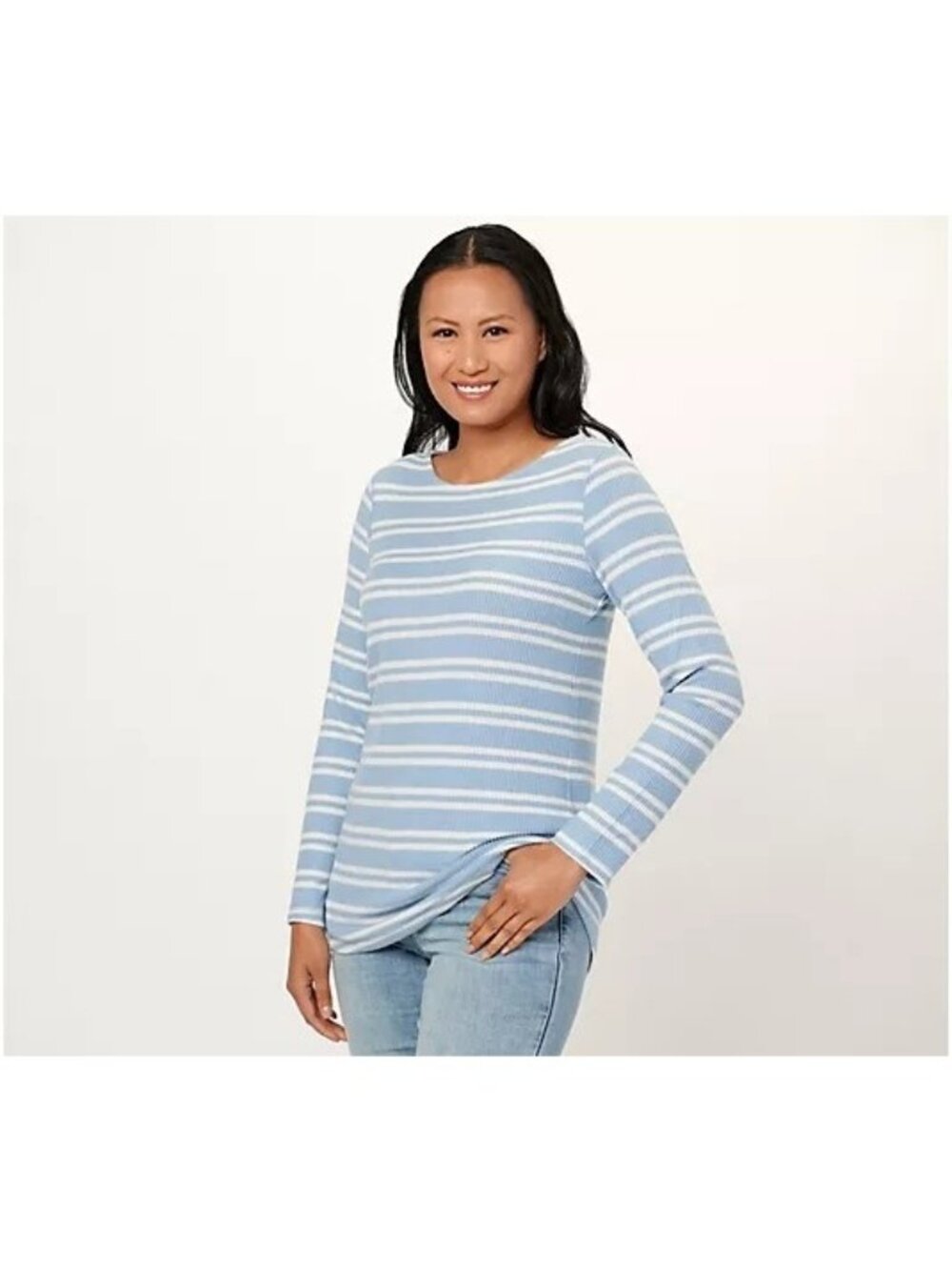 Susan Graver Tunic Size XL Petite Weekend Stripe Brushed Rib Knit Slate Blue NEW